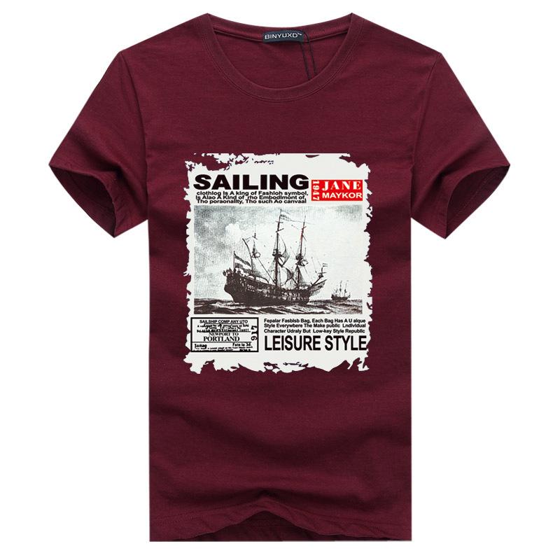 

Летняя мужская повседневная футболка с круглым вырезом и коротким рукавом 2025 года - корейский стиль моды L вино красного