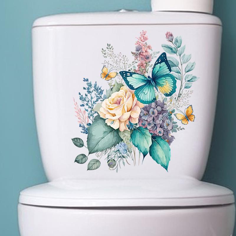 Creative Flower Butterfly Toilet Sticker Waterproof Self-Adhesive Removable Decal for Bathroom Toilet Lid Decor