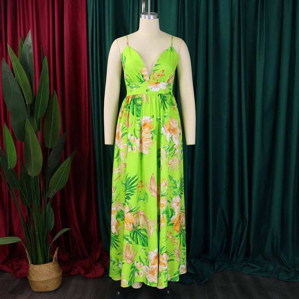 Spring and Summer Fashion Temperament V-neck Suspender Printed Beach Long Skirt Sexy Fashion Casual Women's Dress