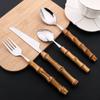 24Pcs Tableware Sets Bamboo Handle Stainless Steel Cutlery Set Creative Dinnerware Knife Fork Spoon Mirror Flatware