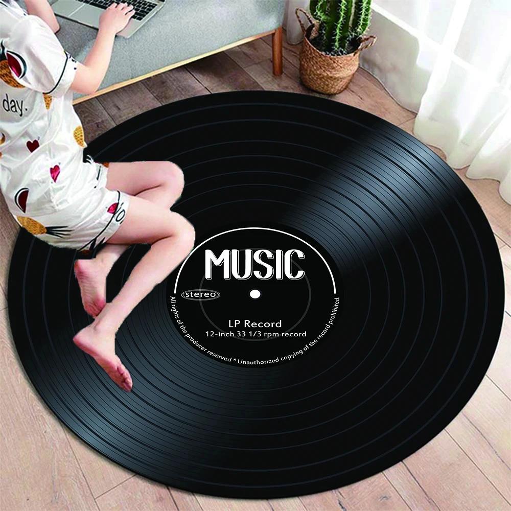 Runder Teppich mit klassischer Musik-Schallplatte, Teppiche für die Dekoration von Wohnzimmerstühlen, weiche, rutschfeste Bodenmatte zum Spielen für Kinder