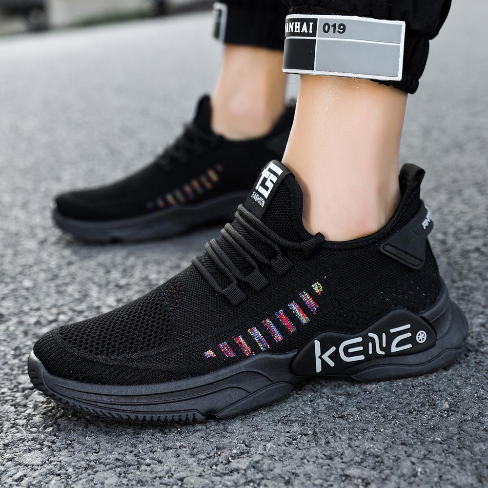 Spring New Men's Shoes for Foreign Trade Flying Knitted Sports Shoes Mesh Lace-up Running Shoes Korean Casual Men's Shoes