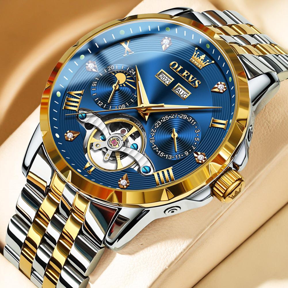 OLEVS Multifunctional Tourbillon Mechanical Men's Watches Water Resistant Automatic Self-Wind Skeleton Watch Men Relojes