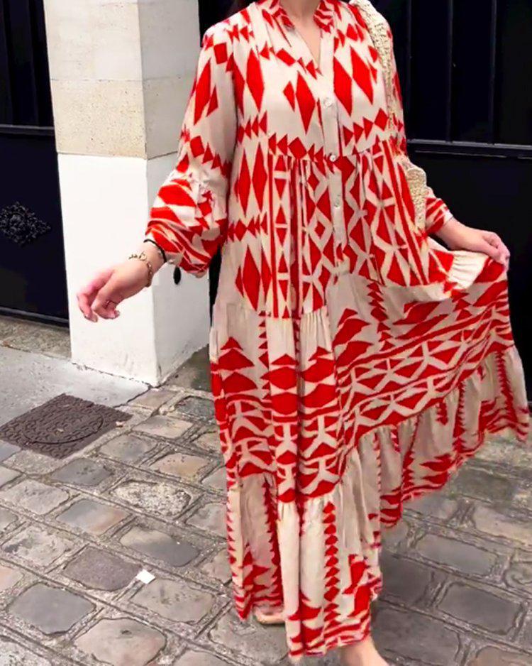 2026 Elegant European Plus Size Women's Printed Bohemian Shirt Dress