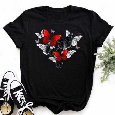 Harajuku Damen T-Shirt Rot und Schwarz Schmetterlingsdruck T-Shirt Mode Herz T-Shirt Weiblich Kurzarm Tops T-Shirt Damen T-Shirts