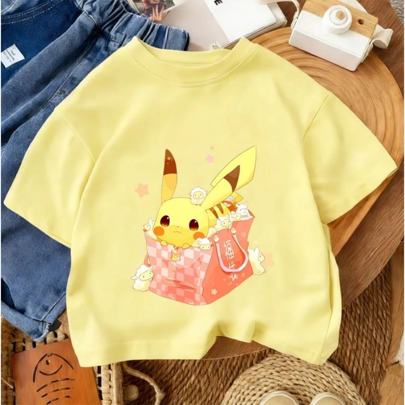 Boys' and Girls' Summer Casual Street Style Fashion Popular Cartoon Children's Crew Neck T-shirt Pikachu