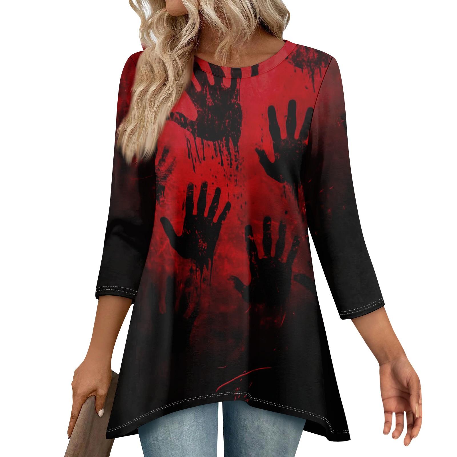 

Туники для женщин Свободного кроя Топы с принтами Рукав 3/4 Женские топы с асимметричным подолом XXL красный