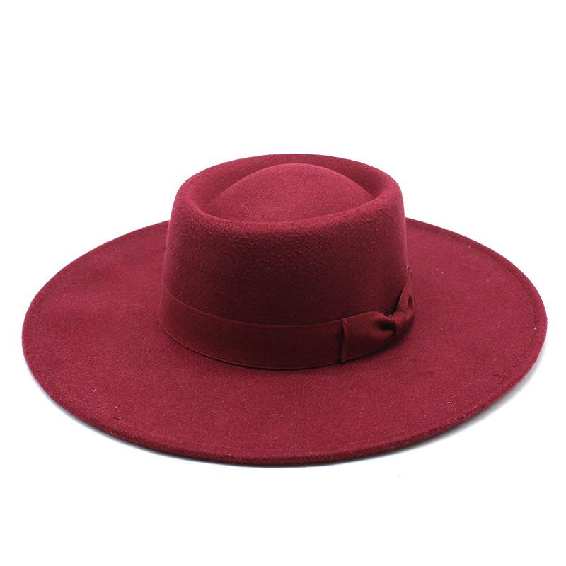 Herbst und Winter Britischer konkav geformter Hut mit breiter Krempe Jazzhut für Herren und Damen Mode Lässig Schleife Flache Kante Zylinder Imitation Wollfilzhut
