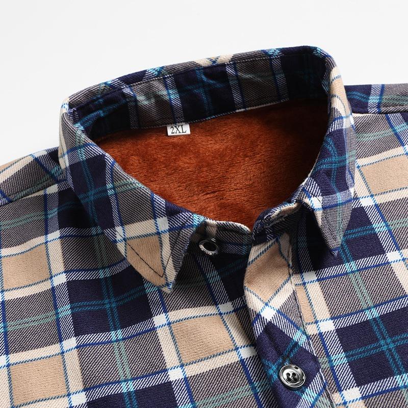 Men Fleece Lined Thick Warm Stand Collar Long Sleeve Plaid Casual Business Shirt