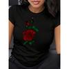 Pure Round Neck Short Sleeved Shirt, Opaque Material, Machine Washable, Daily Fashion Trend, S Short Sleeved T-shirt for Women - Valentine's Day Rose