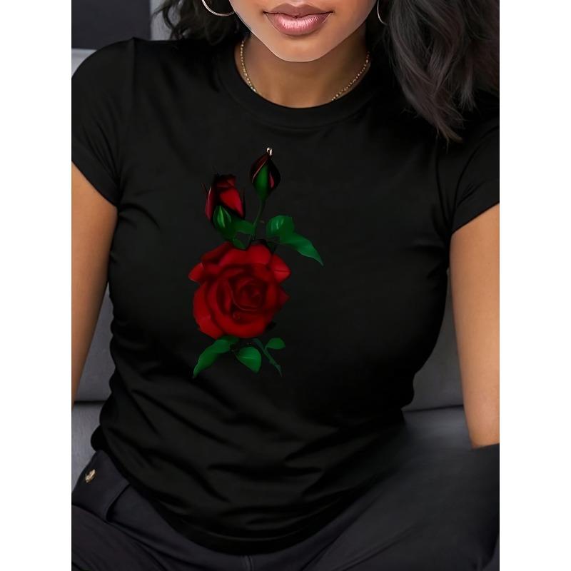 

Pure Round Neck Short Sleeved Shirt, Opaque Material, Machine Washable, Daily Fashion Trend, S Short Sleeved T-shirt for Women - Valentine s Day Rose 4XL