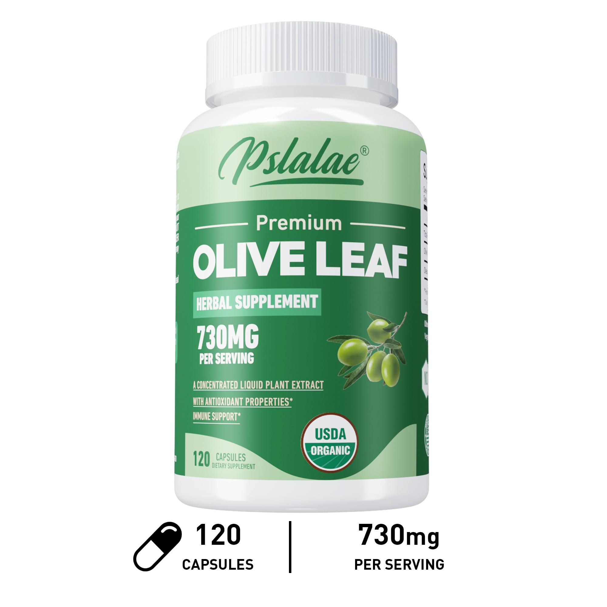 Pslalac Olive Leaf Dietary Supplement, containing 730mg of high-content olive leaf extract, for daily immune nutrition. 120*1