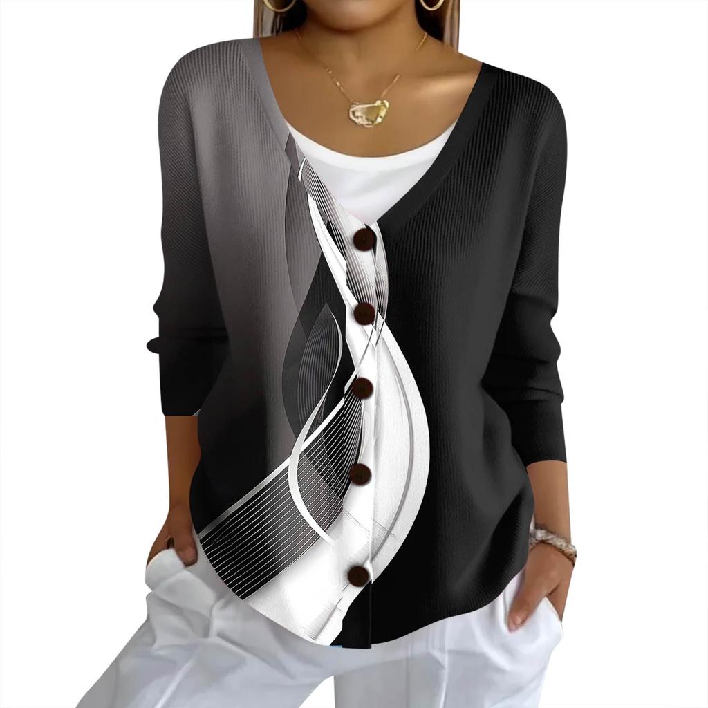 Women's Fashion Casual Knit Sweater Button-Up Plaid Patchwork Print Cardigan Jacket