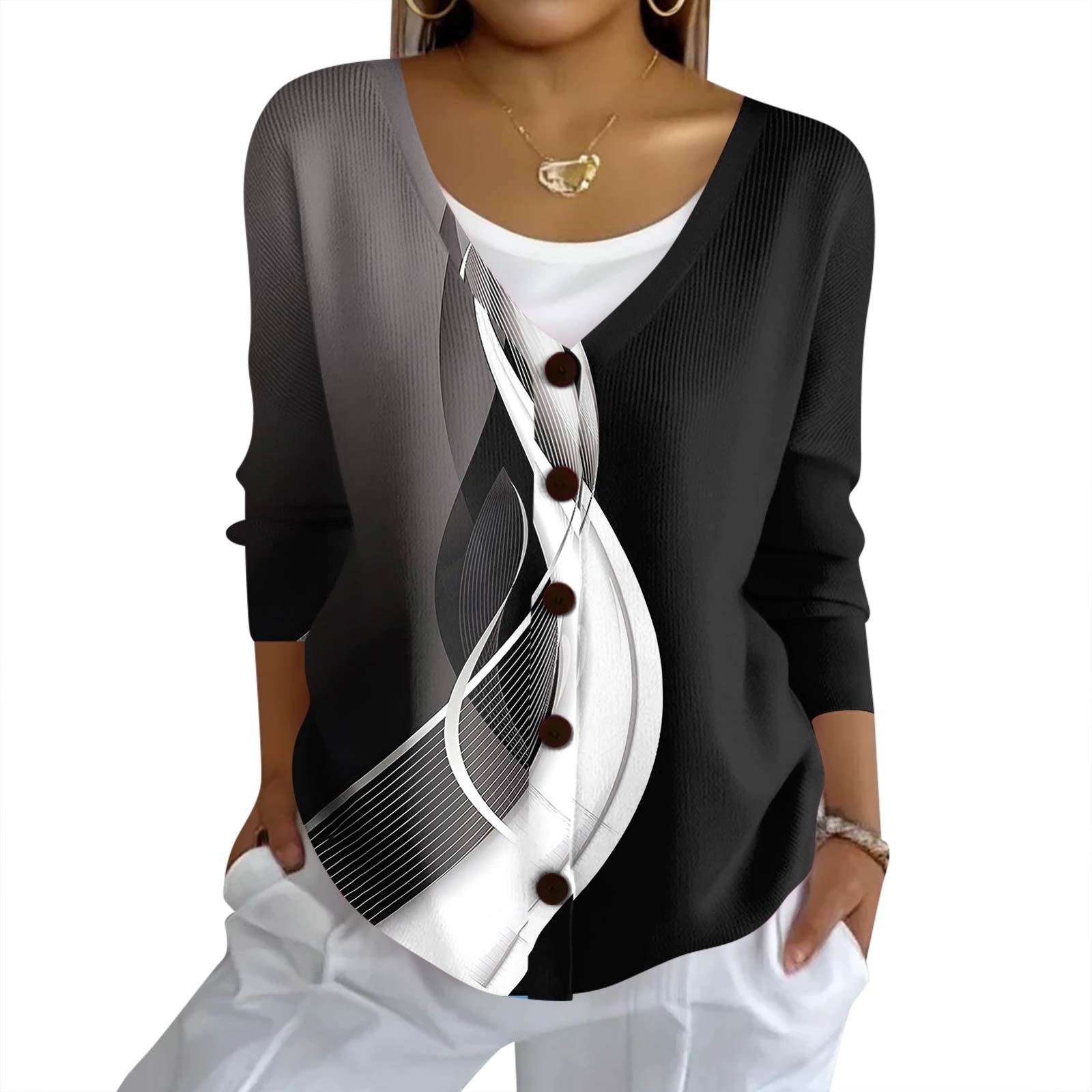 

Женский модный повседневный вязаный свитер на пуговицах с клетчатой лоскутной печатью, кардиган-жакет L