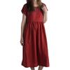 Women's Mid-Length Cotton Linen Dress - Round Neck, Short Sleeve, Solid Color, Pleated, Loose-Fit Casual Design