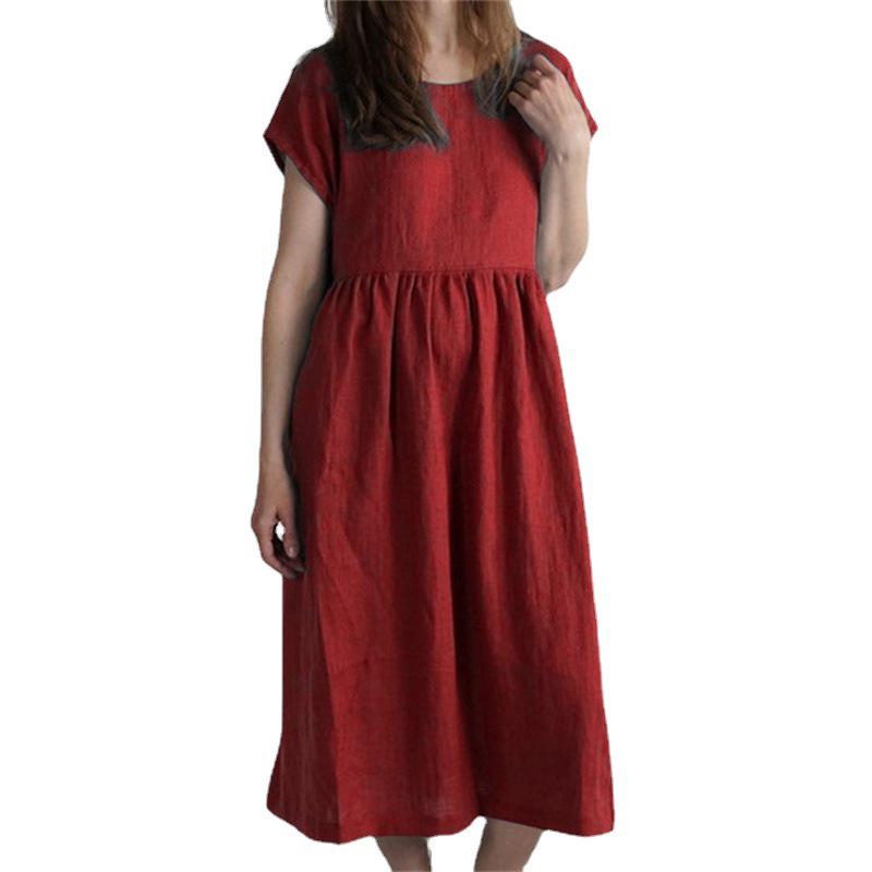Women's Mid-Length Cotton Linen Dress - Round Neck, Short Sleeve, Solid Color, Pleated, Loose-Fit Casual Design
