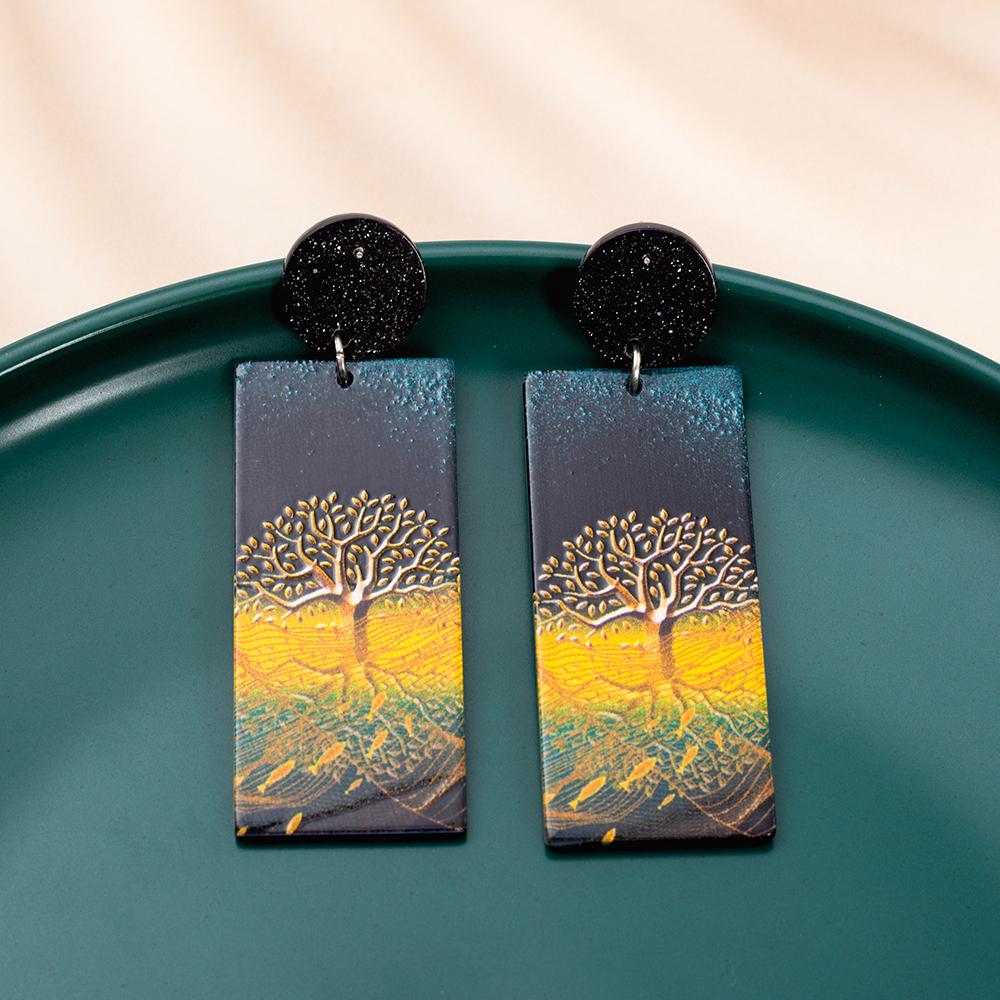 Gold Color Tree Of Life Design Relievo Printing Acrylic Earrings For Women Vintage Style Trend Lithe Daily Wearing Jewelry