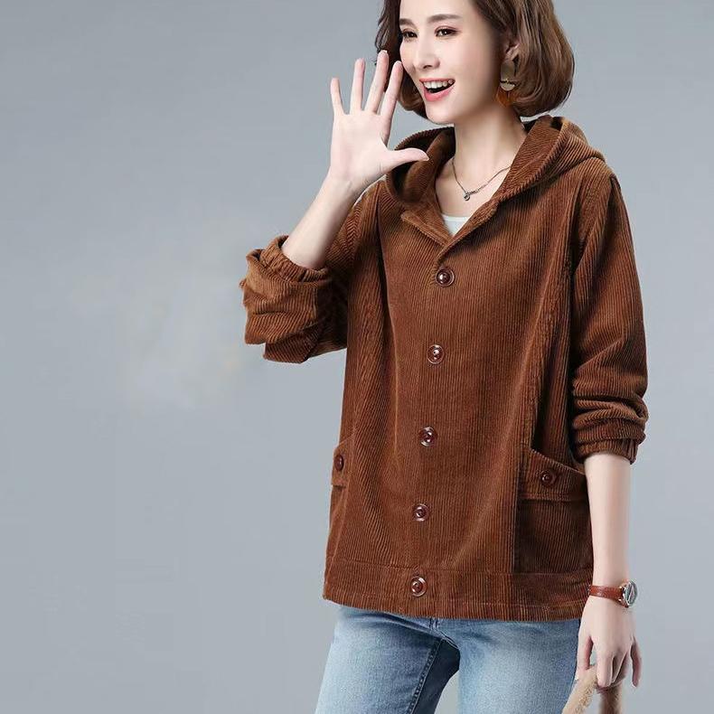 Corduroy Short Coat Women's Spring Autumn Loose Hooded Jacket Fashion Casual Coat
