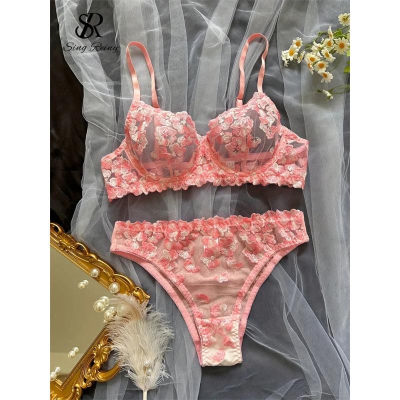 SINGREINY Mesh Sheer Lingerie Two Pieces Suits French Floral Seusual Underwear Sets Women Embroidery Sexy Bra&Briefs Sets
