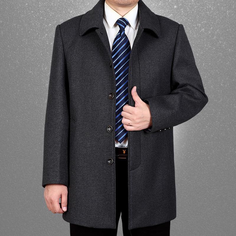 Men's Classic Wool Coat - Mid-Length, Thickened Cashmere for Autumn/Winter, Ideal for Middle-Aged & Elderly.
