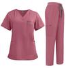 Women's Short Sleeved Solid Color V Neck Pocket Top Pants Work Clothes Two Piece Set