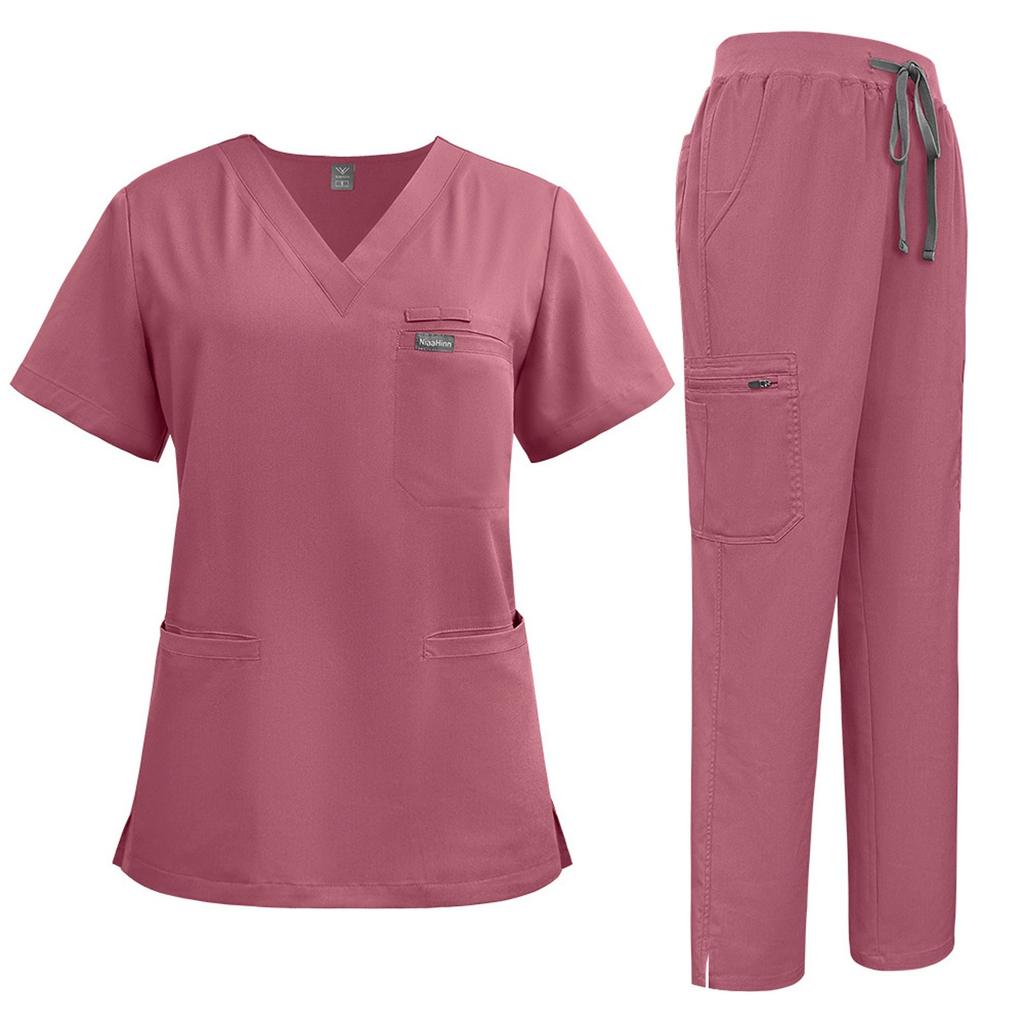 Women's Short Sleeved Solid Color V Neck Pocket Top Pants Work Clothes Two Piece Set