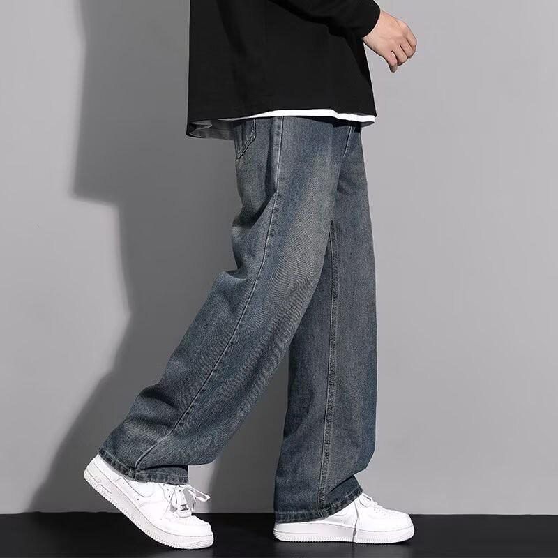 Mens Vintage Washed Straight Fit Denim Jeans Loose Wide Leg Casual Streetwear Trousers