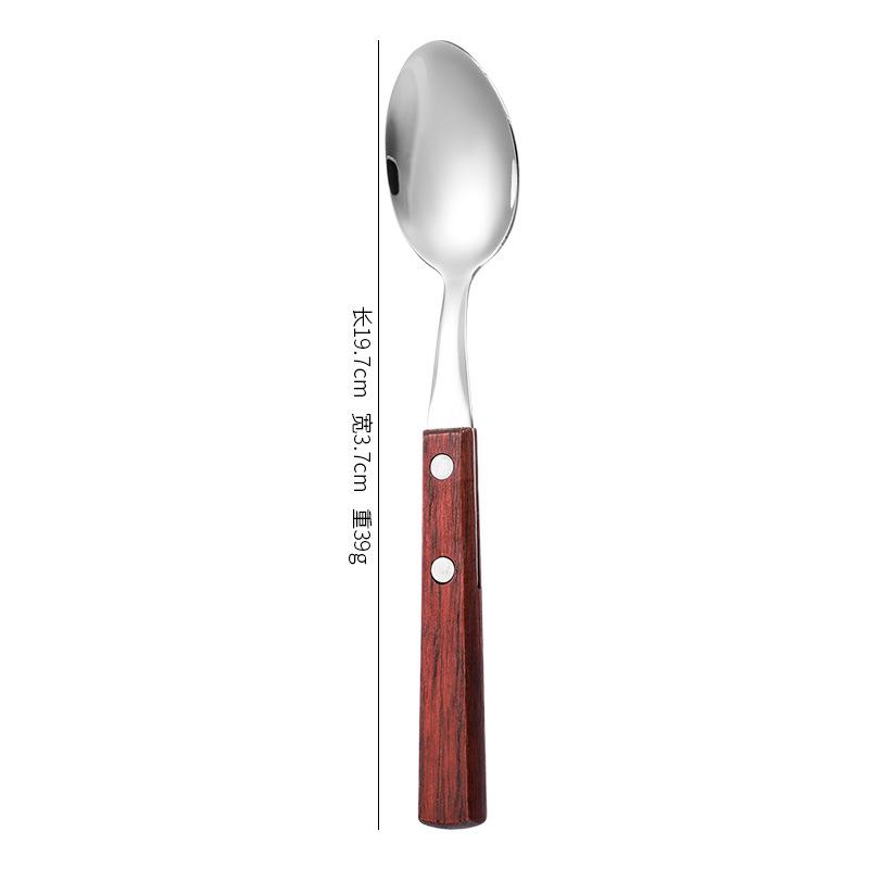 Four-Piece Cutlery Set: Stainless Steel Steak Knife, Fork, Spoon, with Rosewood Handles.