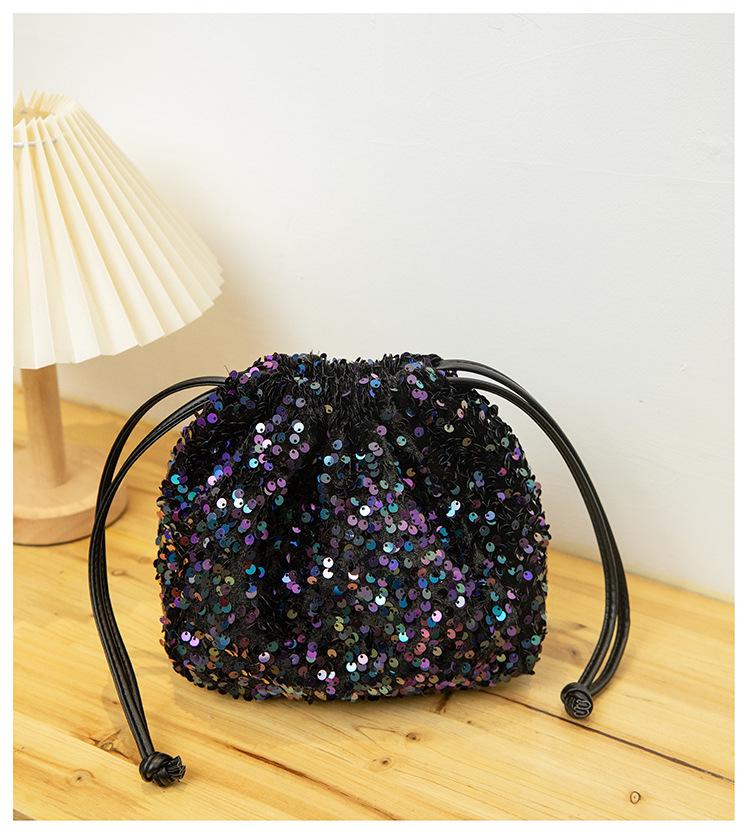 Fashionable Crossbody Bucket Bag with Women's Drawstring  Shoulder Bag Colored Sequin Bag