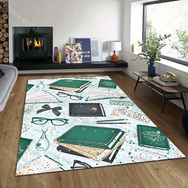 1PC Green Books Glasses Pattern Pattern Rug Carpets for Bedroom Living Room Sofa Mat Creative Door Mat Cloakroom Home Decor