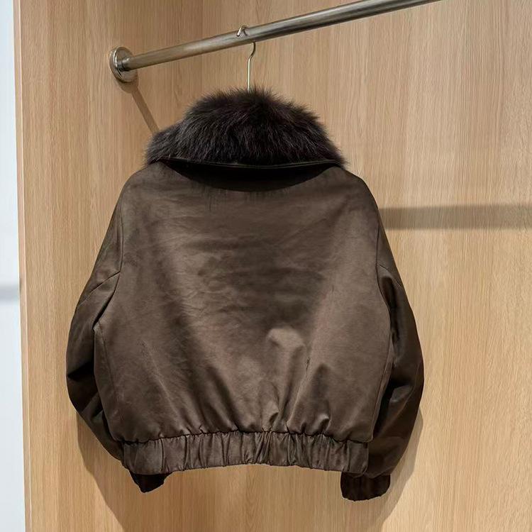 European Autumn and Winter New Suede Fox Big Fur Collar Short Down Jacket Women's Loose and Thin Warm Jacket
