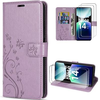 Coque + 2 Verres Trempés Pour Xiaomi Redmi Note 14 Pro Plus 5G/Note 14 Pro+ 5G, Protection Cuir PU Violet Motif Plante