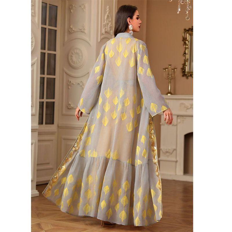 Middle East Cross-Border Robe Women clothes Leaves Embroidery Robe cardigan Two-piece Set Belt Cardigan Dress Dress