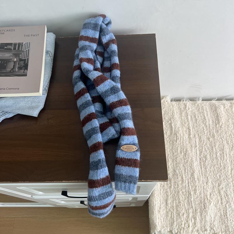 Early Autumn And Winter, Dongdaemun, South Korea, Striped Thin And Narrow Long Small Scarf, Women'S Fashionable Millennial Style Sausage Knitted Scarf