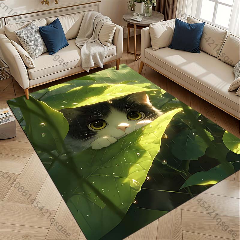 Multiple sizes Cat hiding under leaves Carpet for Living Room Bedroom Sofa Home Decor Rus Non-slip Floor Mat Luxury Gift