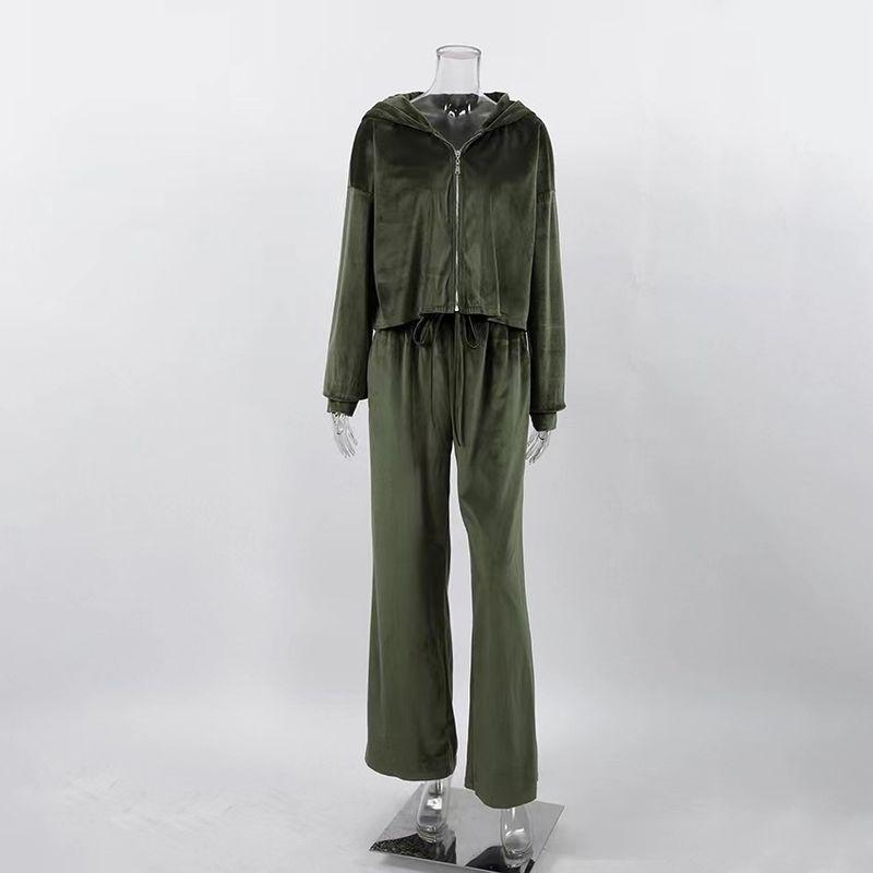 

New Arrival Fashion Casual Hooded Sweatshirt Loose Pants Suit Hooded Top Wide Leg Pants Set Green L