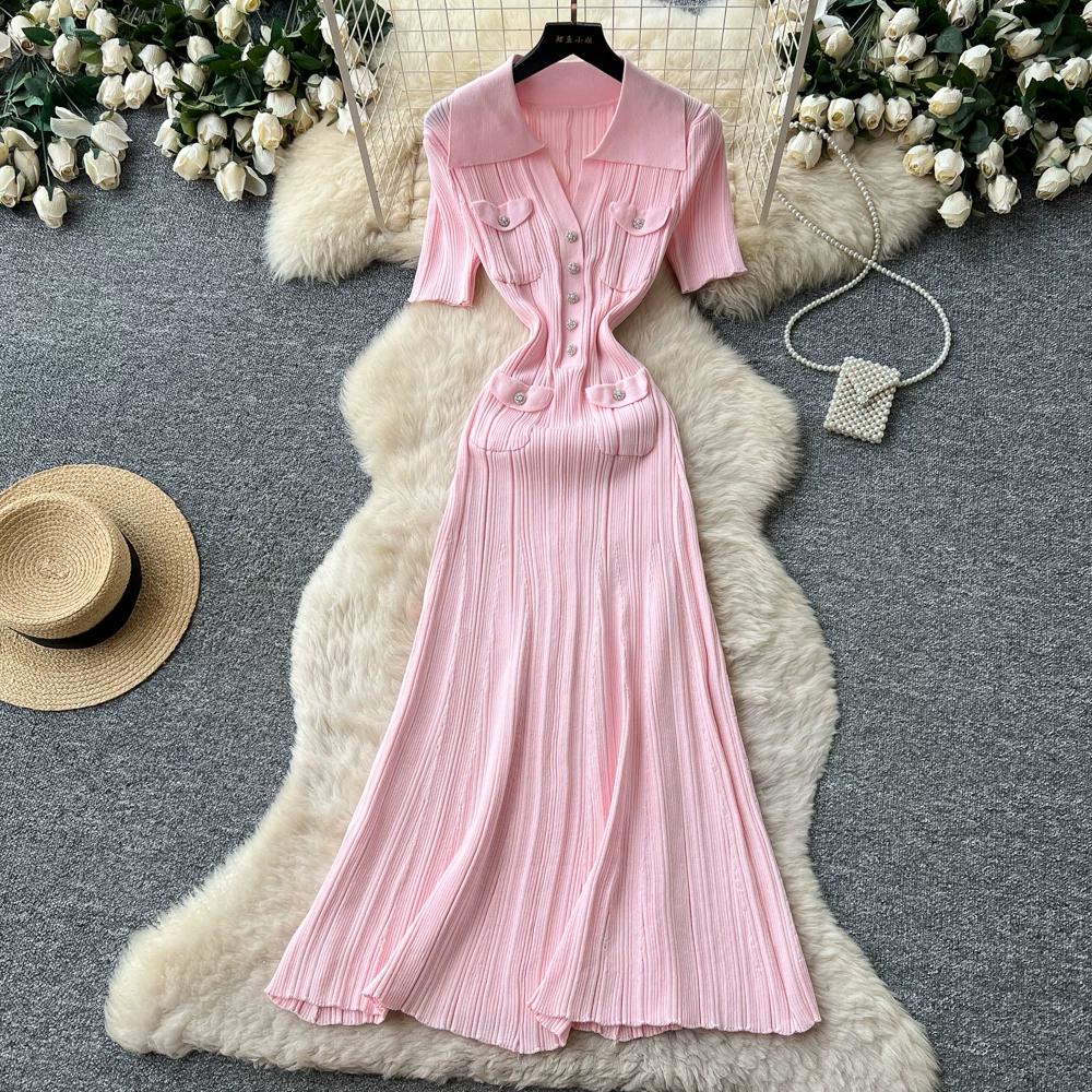 Brand Fashion Vintage Turn-down Collar Knit Maxi Dress Elegant Single-breasted A-line Long Shirt Dress Lady Party Dress