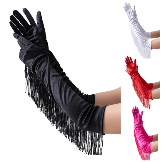 Fringed Elbow Gloves 17.7" Vintage Long Opera Pageant Gloves 1920s