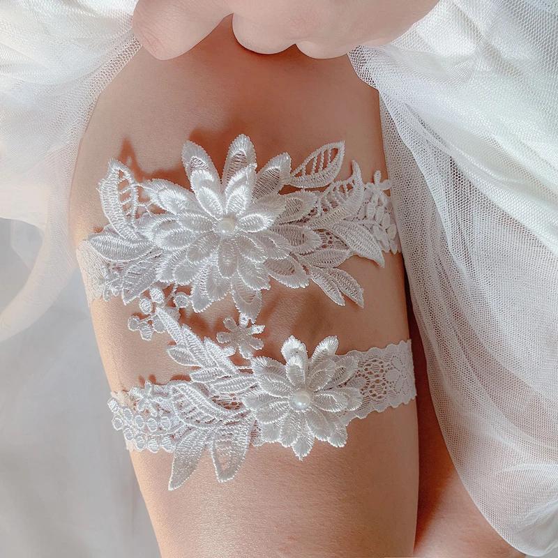 2Pcs Fashion Women Bride Sexy Lace Flower Rhinestones Pearls Wedding Garter White Thigh Leg Garter Ring For Wedding Accessories
