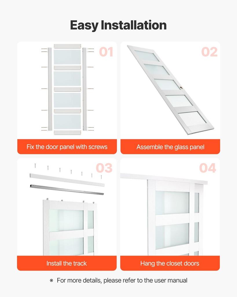 Sliding Closet Door, 1219mm (Double 635mm) x 2032 mm, 5-Lite Frosted Glass Bypass Sliding Doors with Hardware Kit, Solid Wood & MDF Slab with