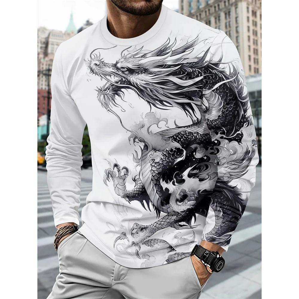 Spring and Autumn Round Neck Animal Pattern 3D Printed Top Fashionable Casual Long Sleeved Men's T-shirts