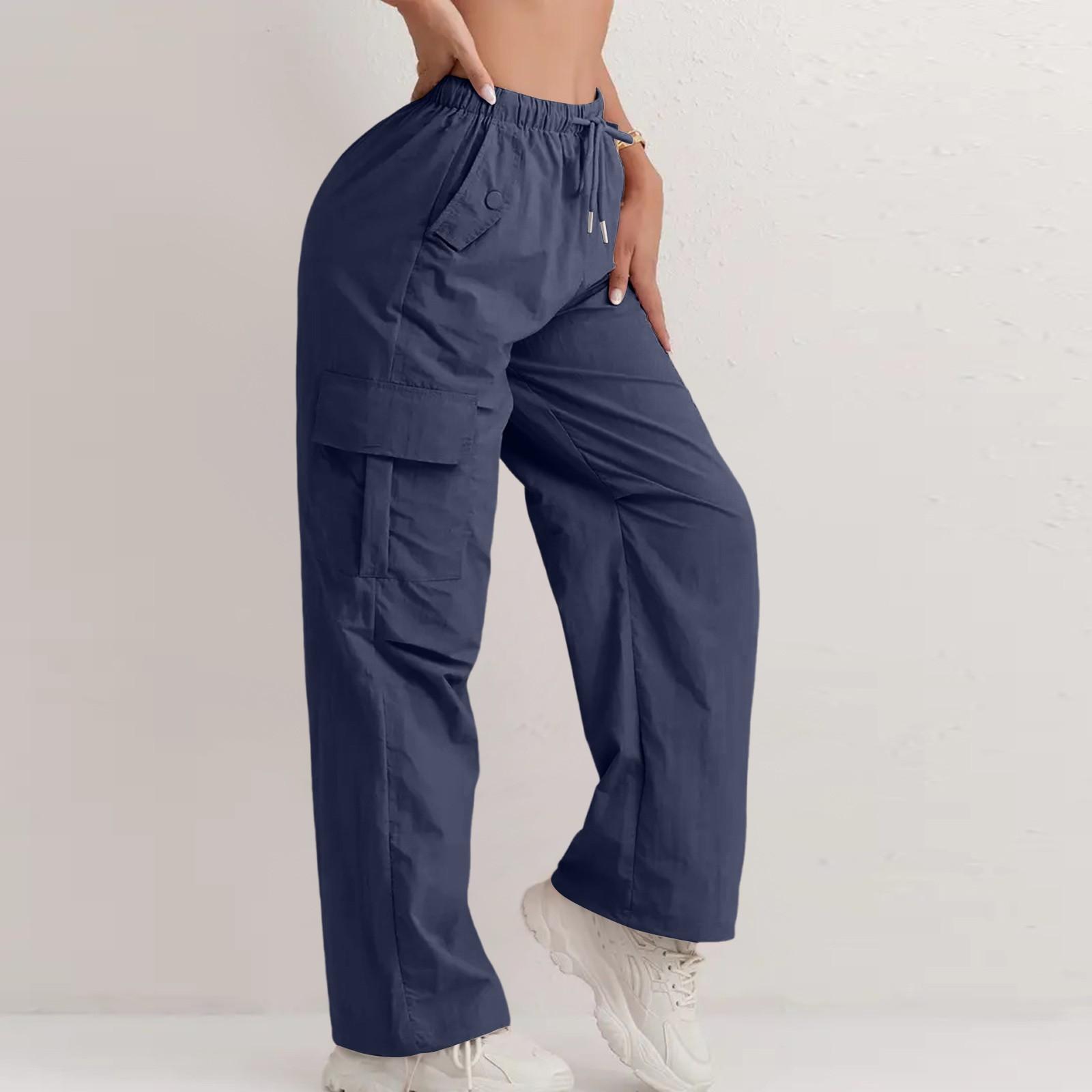 

Женские однотонные быстросохнущие брюки с высокой талией и шнурком, повседневные широкие спортивные брюки-карго L тёмно-синий