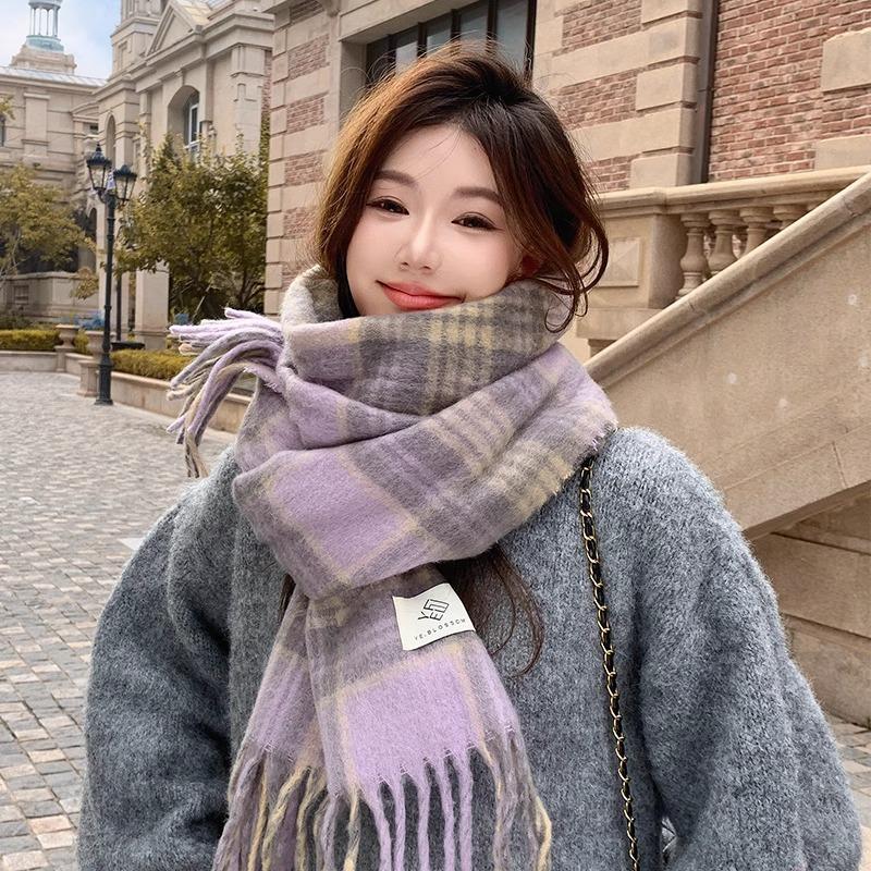 Mohair Scarf Korean Atmosphere Autumn and Winter Plaid Scarf Imitation Cashmere Warm Shawl Couple Versatile Scarf