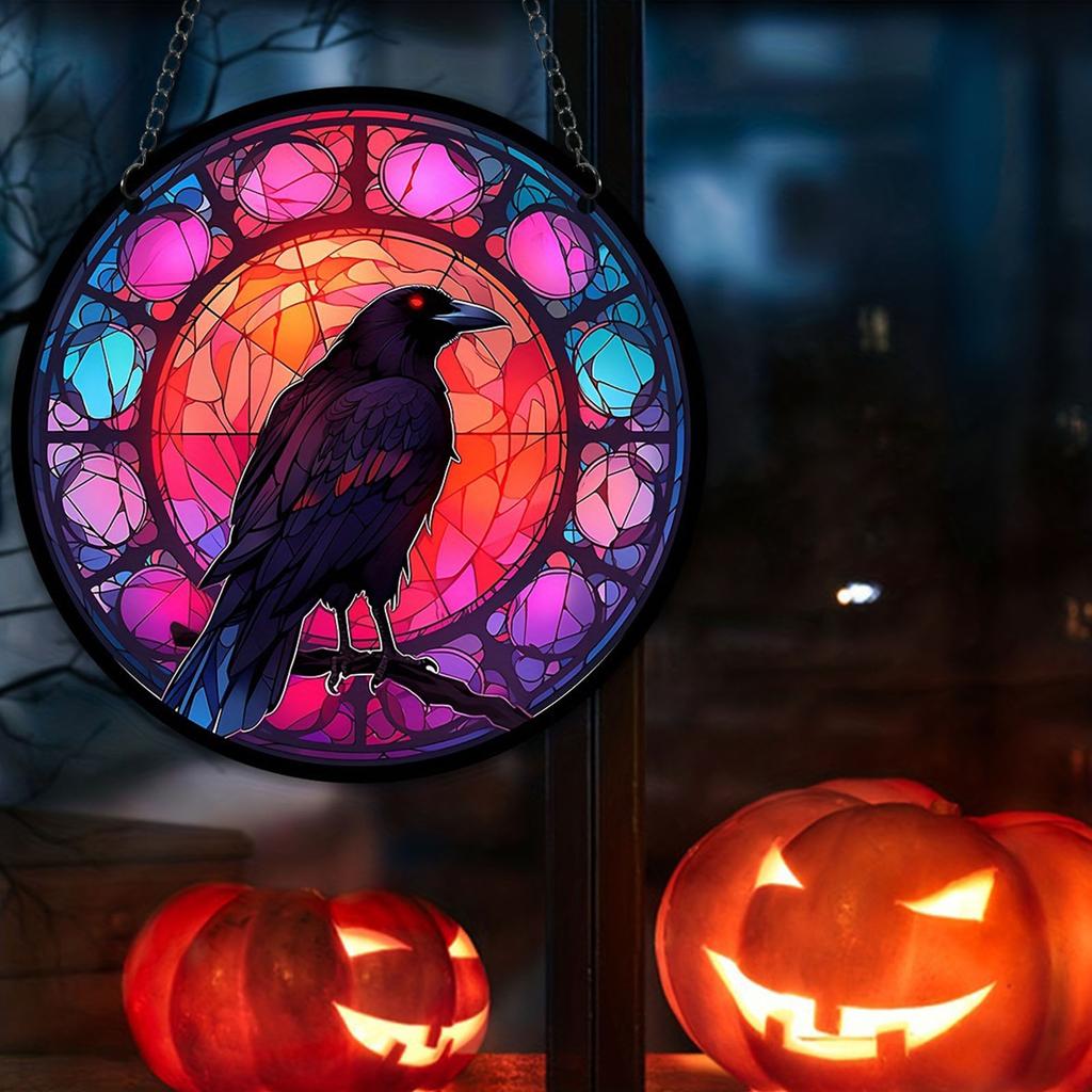 Raven Stained Glass Suncatcher Window Hanging Decoration Halloween Gothic Crow Glass Ornament for Window Home Kitchen