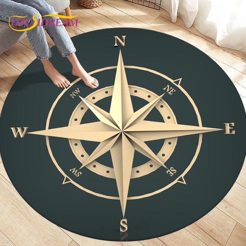Compass Round Area Rug,Retro British Navy New World Discovery Rug,Carpets for Living Room Bedroom,Kids Play Non-slip Floor Mats