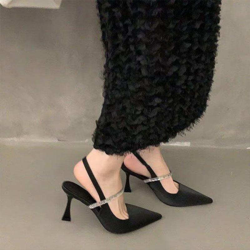 Temperament sandals with skirt black high heels women's 2025 new summer French rhinestone pointed stiletto shoes