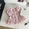 Women's Floral Print Strapless Corset Top Lace Trim Sweetheart Neck Ruffle Hem Bustier Top