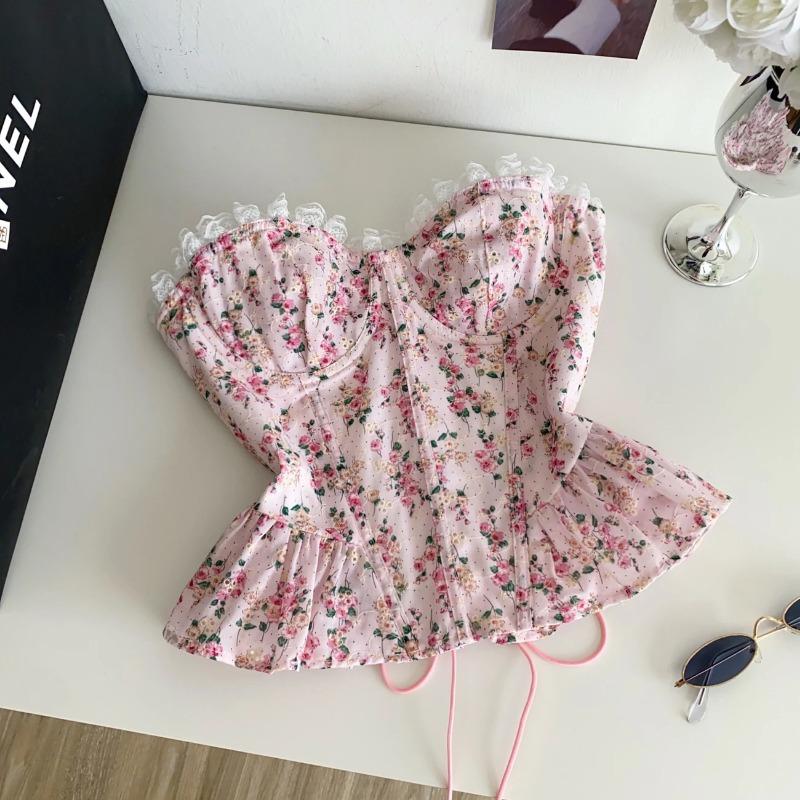 Women's Floral Print Strapless Corset Top Lace Trim Sweetheart Neck Ruffle Hem Bustier Top