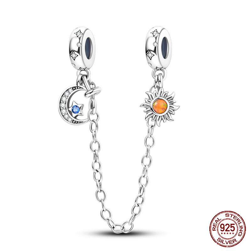 Real 925 Silver Stars & Moon Sunflower Safety Chains Spacer Beads Charms Fit Qikaola 925 Bracelets DIY Jewelry