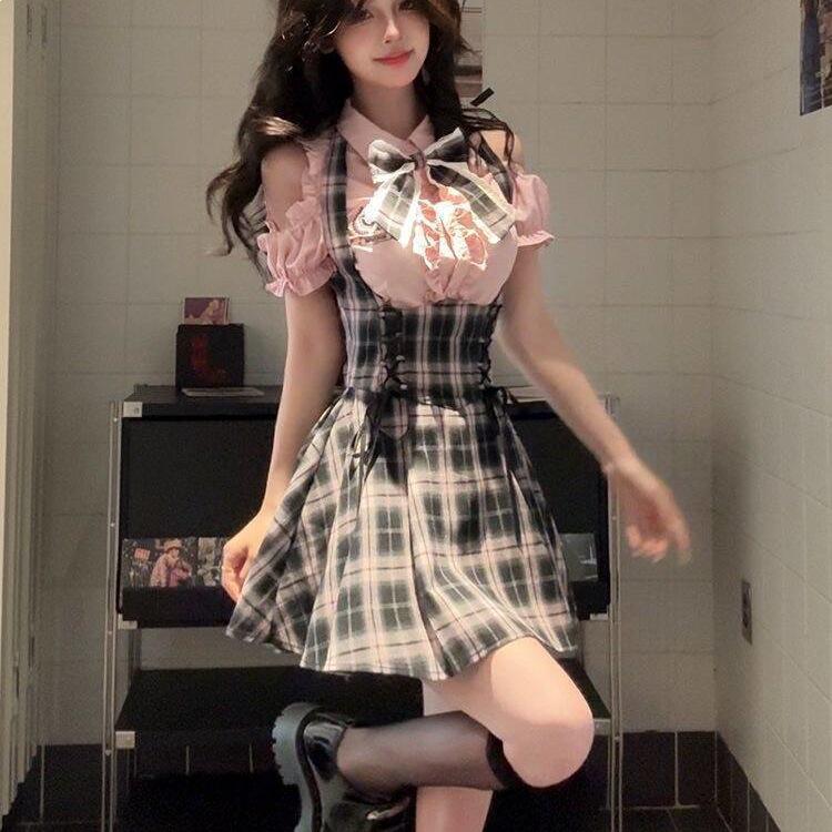 Sweetheart Academy Japanese-Style Waist-Cinching Short Sleeve Two-Piece Set